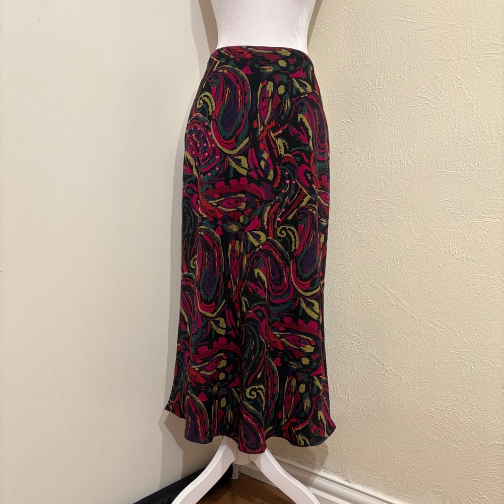 Magenta Purple Abstract Paisley Sequin Chiffon Maxi Skirt Sz M Retro Artsy Funky